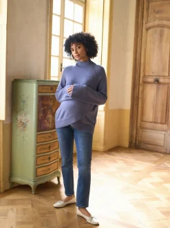 Seraphine Bleu - Pull de grossesse et d’allaitement à col roulé en cachemire mélangé haut de gamme Outlet