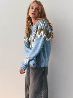 Nothing Ordinary Bleu - Pulls zippé en maille à carreaux Two Ordinary avec Motif Fair Isle Sale