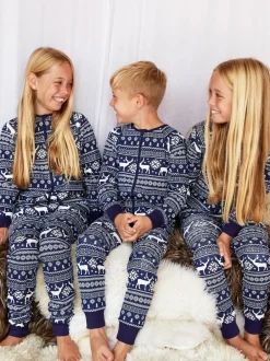 The Little Tailor Bleu - Kids Reindeer Noël Motif Fair Isle 100% Coton Tout-en-un