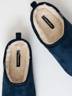 Threadbare Bleu - Faux suède Chaussons mule doublés de fausse fourrure Hot