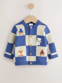 Next Bleu brodé à damier Character - Cardigan tricoté pour bébé (0mths-2yrs) Clearance