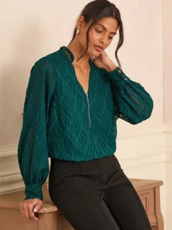 Love & Roses Bleu canard Tissu dévoré - Chemisier zippé à manches longues sur le devant