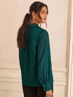 Love & Roses Bleu canard Tissu dévoré - Chemisier zippé à manches longues sur le devant