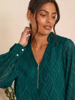 Love & Roses Bleu canard Tissu dévoré - Chemisier zippé à manches longues sur le devant