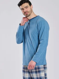Loungeable Bleu clair - Ensemble pyjama haut en jersey et pantalon à carreaux brossé Discount