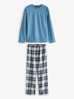 Loungeable Bleu clair - Ensemble pyjama haut en jersey et pantalon à carreaux brossé Discount