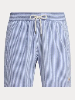 Polo Ralph Lauren Bleu clair - Short de bain Traveler Classic en seersucker à logo Outlet