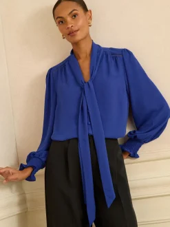 Love & Roses Bleu cobalt - Chemisier manches longues à nœud lavallière New