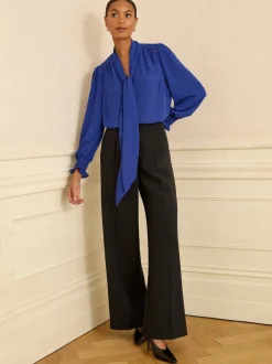 Love & Roses Bleu cobalt - Chemisier manches longues à nœud lavallière