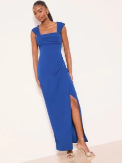 Lipsy Bleu cobalt - Robe longue froncée à manches courtes et col carré Clearance