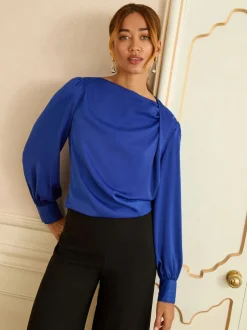 Love & Roses Bleu cobalt - Chemisier en satin à Manches longues et Col bénitier Outlet