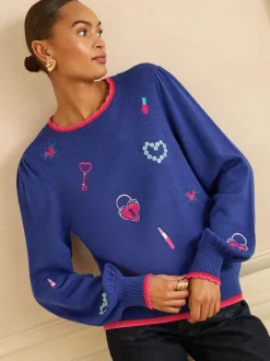 Love & Roses Bleu cobalt - pull en maille brodée New