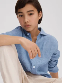 Reiss Bleu de ciel - Chemise Ruban en lin à col coupé Clearance