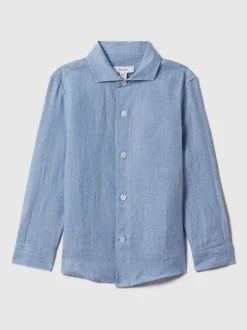 Reiss Bleu de ciel - Chemise Ruban en lin à col coupé Clearance