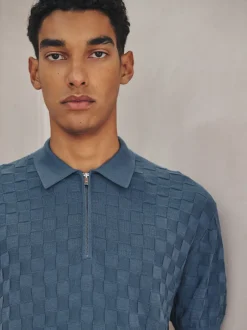 Next Bleu Denim - Polo N. Premium Coupe classique en maille à manches courtes et col zippé à damiers Outlet