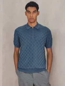 Next Bleu Denim - Polo N. Premium Coupe classique en maille à manches courtes et col zippé à damiers Outlet