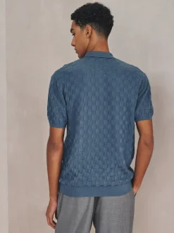 Next Bleu Denim - Polo N. Premium Coupe classique en maille à manches courtes et col zippé à damiers Outlet