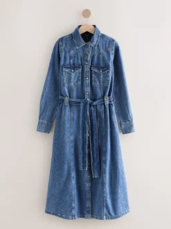Next bleu foncé - Robe chemise mi-longue en Denim à buste plus ample Outlet