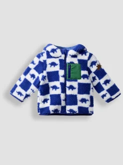 Jojo Maman Bébé Bleu imprimé dinosaure - Veste à damier en Borg à capuche Outlet