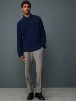 Next Bleu indigo - Manches longues - Polo texturé à manches longues gaufré Clearance