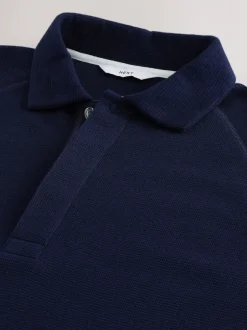 Next Bleu indigo - Manches longues - Polo texturé à manches longues gaufré Clearance