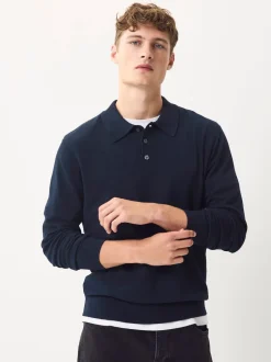Next - Ajustement régulier - Polo en maille à manches longues riche en coton Bleu marine Online