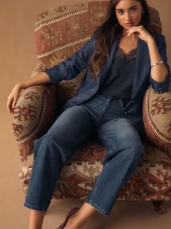 Next Bleu marine - Blazer ajusté à simple boutonnage en Denim style militaire New