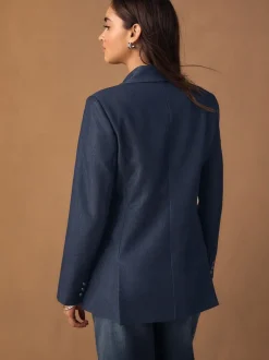 Next Bleu marine - Blazer ajusté à simple boutonnage en Denim style militaire New