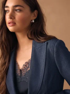 Next Bleu marine - Blazer ajusté à simple boutonnage en Denim style militaire New