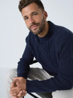 Next Bleu marine - Col rond en maille torsadée d’Aran Coupe classique avec laine Clearance