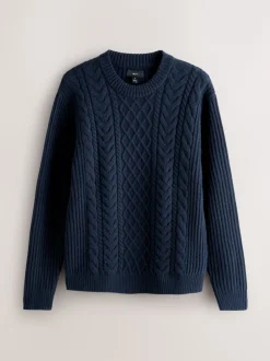 Next Bleu marine - Col rond en maille torsadée d’Aran Coupe classique avec laine Clearance
