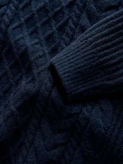 Next Bleu marine - Col rond en maille torsadée d’Aran Coupe classique avec laine Clearance
