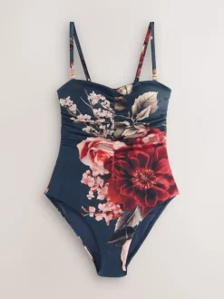 Next - Maillot de bain bandeau gainant Bleu marine à fleurs Sale