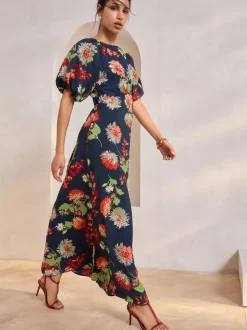 Next Bleu marine à fleurs - Robe mi-longue imprimée à manches bouffantes Outlet