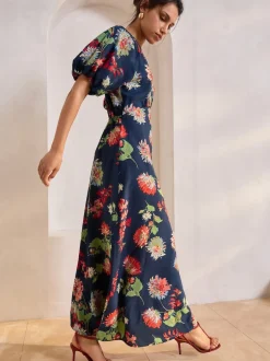 Next Bleu marine à fleurs - Robe mi-longue imprimée à manches bouffantes Outlet