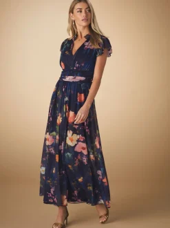 Next Bleu marine à fleurs - Robe longue Grande occasion à col en V Imprimé en maille Plissé New