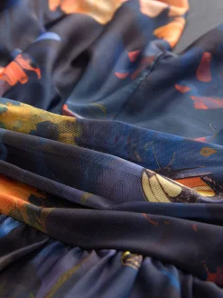 Next Bleu marine à fleurs - Robe longue Grande occasion à col en V Imprimé en maille Plissé New