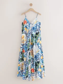 Next Bleu marine à fleurs - Robe longue Imprimé fruits volume Online