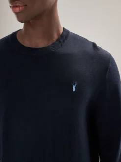 Next Bleu marine - Logo cerf - Pull col rond riche en coton coupe classique