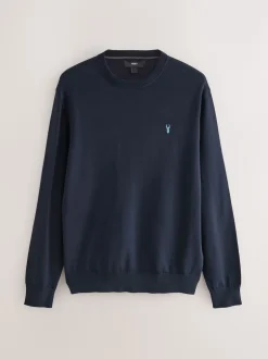 Next Bleu marine - Logo cerf - Pull col rond riche en coton coupe classique