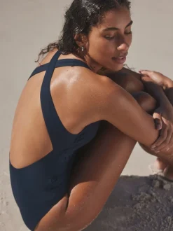 Next Bleu marine - Maillot de bain Col montant Lattice Tummy Control New