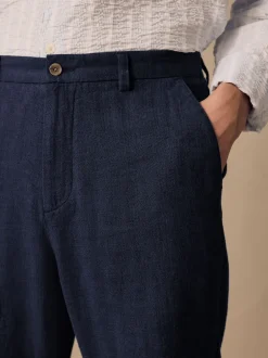 Next Bleu marine - Pantalons Blend de lin texturé à taille élastiquée Outlet