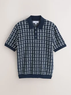 Next Bleu marine - Polo décontracté en maille à manches courtes et motif géométrique Outlet