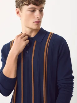 Next Bleu marine - Polo en maille à manches longues, coupe classique, en coton riche à rayures Clearance