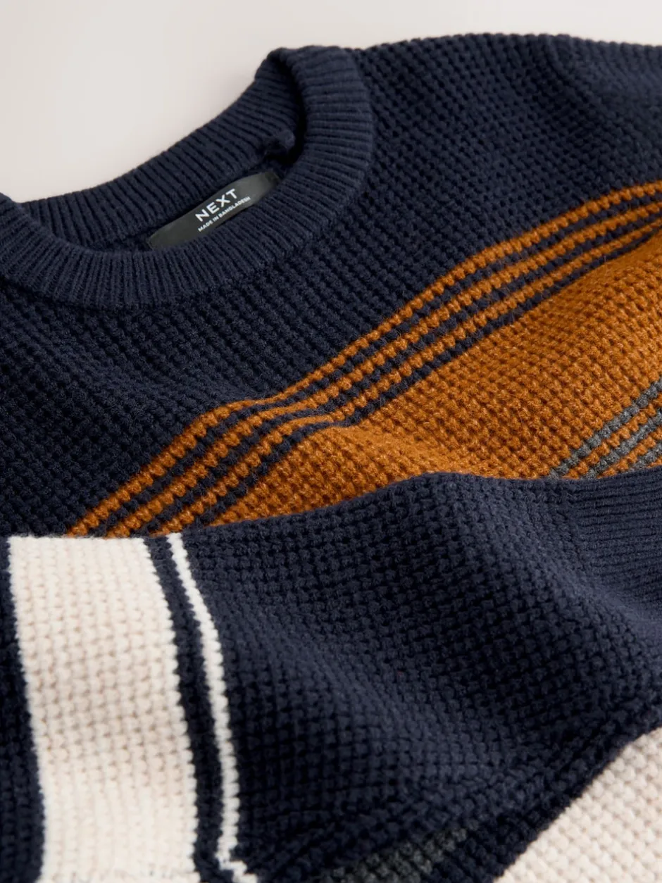 Next Bleu marine - Pull color block rayé en maille à col ras du cou (3-16ans) Outlet