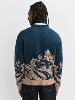 Next Bleu marine - Pull décontracté à col rond paysage de montagne en maille