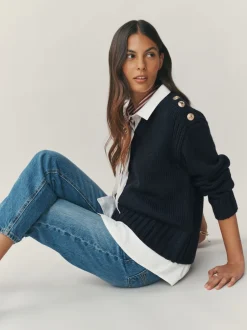 Next Bleu marine - Pulls look superposé en maille à col en V avec chemise Clearance