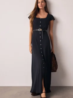 Next Bleu marine - Robe longue boutonnée en jersey à manches courtes Sale