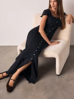 Next Bleu marine - Robe longue boutonnée en jersey à manches courtes Sale