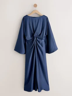 Next Bleu marine - Robe longue en satin à manches longues torsadée sur le devant Outlet